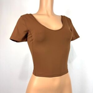 Lululemon Women’s Sz 4 Brown Align Crop Top Short Sleeve Yoga Shirt Scoop Neck